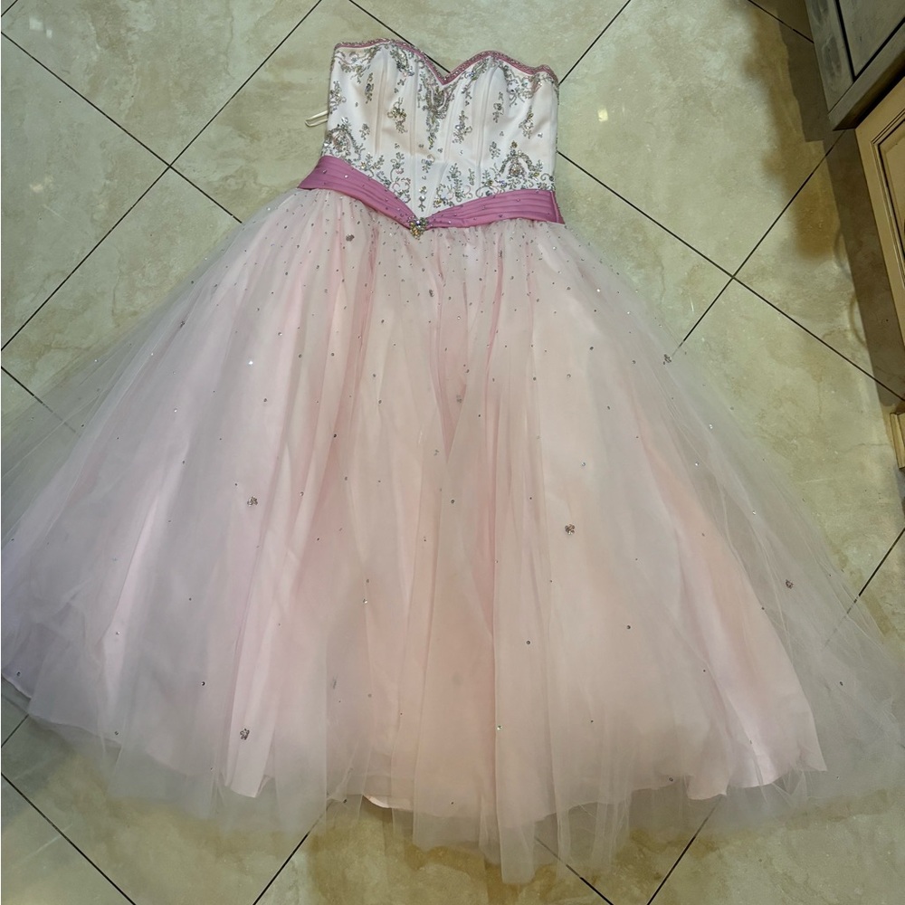 Mori Lee pink and silver embellishments tie up back in hot pink size 14